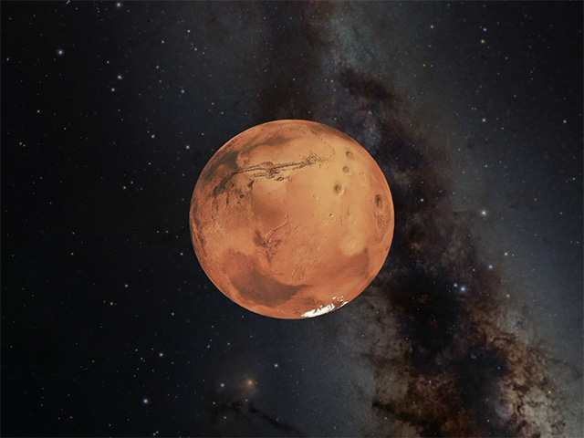 Mars rendering: Screen shot from video rendering of Mars with Milky Way in the background, created using OpenSpace software. Image Credit: R. Smith, NC Museum of Natural Sciences/Appalachian State University.