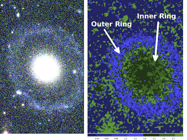 The left panel shows a false-color image of PGC 1000714. The right panel shows a B-I color index map that reveals both the outer ring (blue) and diffuse inner ring (light green). Credit: Ryan Beauchemin.