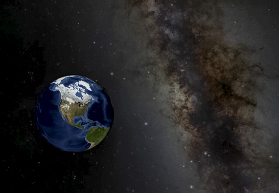 View of Earth with an accurate background star field, made with OpenSpace visualization software.