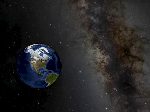 View of Earth with an accurate background star field, made with OpenSpace visualization software.