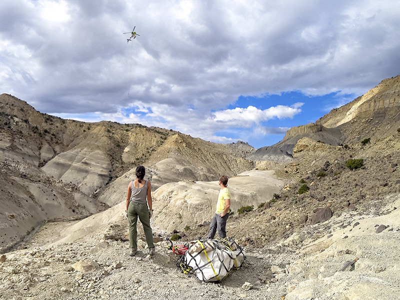 Dinosaur egg clutch in plaster resting on Utah desert with two paleontologists watching as helicopter arrives to airlift the fossils.