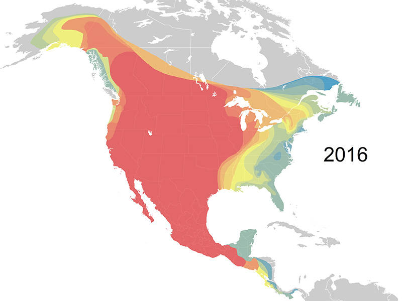 Coyote range expansion by decade, 1900–2016.