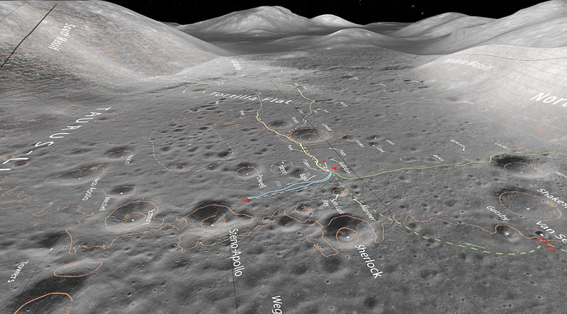 Overview of Taurus-Littrow, the landing site of Apollo 17, December 11, 1972. Created with OpenSpace data visualization software. Image courtesy of Carter Emmart.
