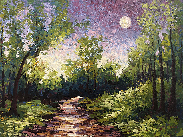 Painting of forest path by moonlight by Karin Neuvirth