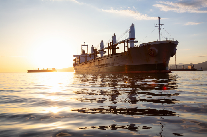 Docked ship at sunset.