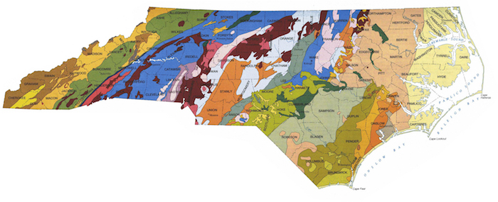 A map of NC showing the geologic breakdown of the state. 