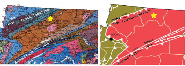 Geologic maps of northwestern North Carolina, with the epicenter of the Sparta earthquake as a yellow star. On the left is the region from the 1985 Geologic Map of North Carolina, courtesy of the North Carolina Geological Survey. On the right is the same region, simplified to show the bounding faults. Southeast of the Gossan-Lead Fault to the Brevard Fault is the thrust sheet under discussion.