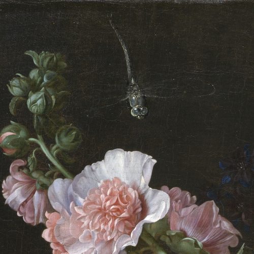 A painting of a dragonfly over pink flowers