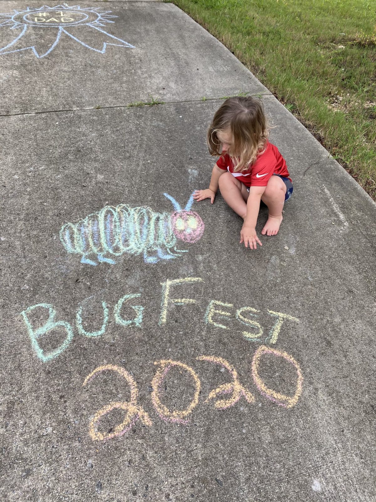a little girl a caterpillar and chalk bugfest 2020