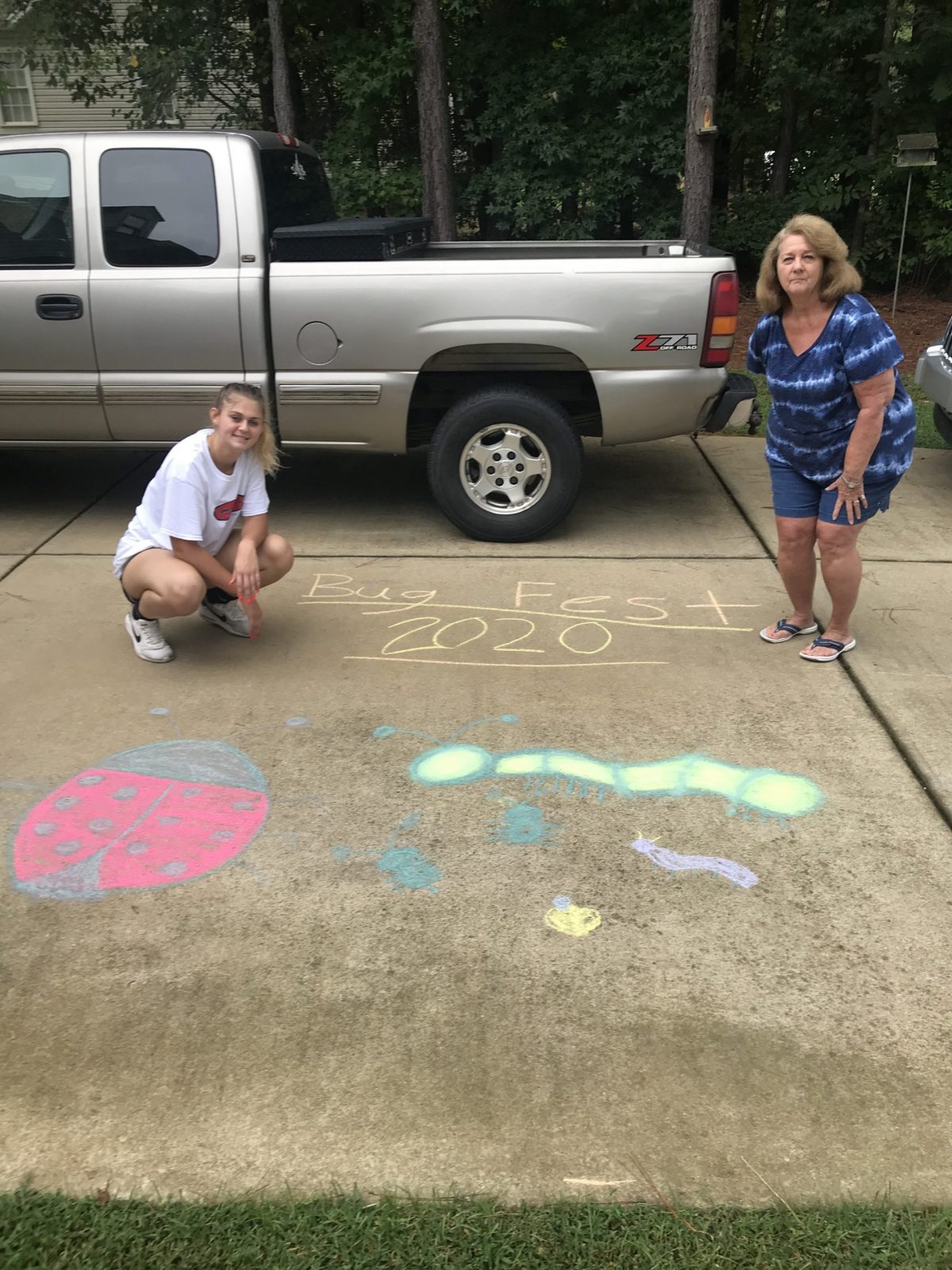Cute chalk bugs, two people and a silver truck