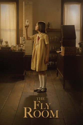Movie poster for The Fly Room with a young girl holding up a flask in a laboratory