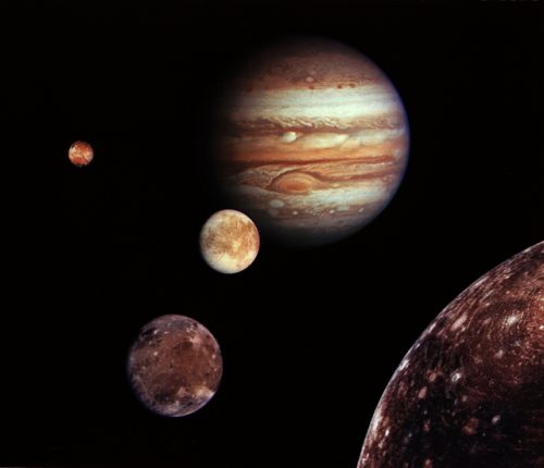 Jupiter and its four planet-size moons, called the Galilean satellites, were photographed in early March 1979 by Voyager 1 and assembled into this collage. They are not to scale but are in their relative positions. Credit: NASA/JPL.