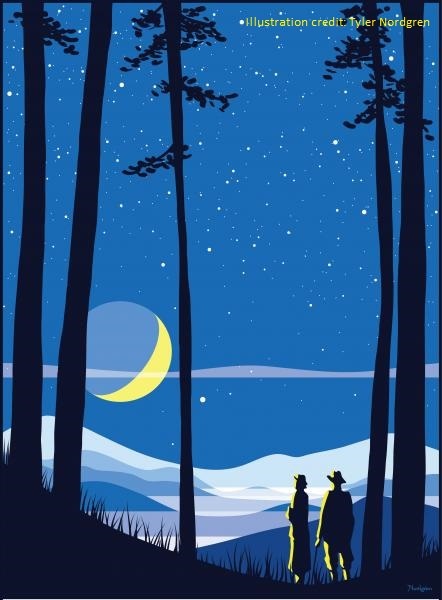 Illustration of two people in the forest looking at the sky.