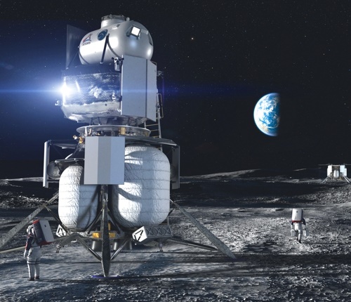 Artemis on the moon with the earth in the horizon