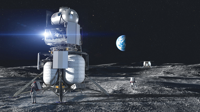 Artemis on the Moon with the Earth on the horizon.
