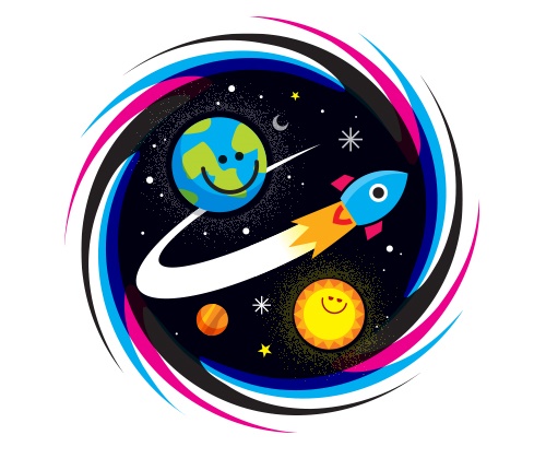 A cartoon of a smiling earth and a shooting rocket