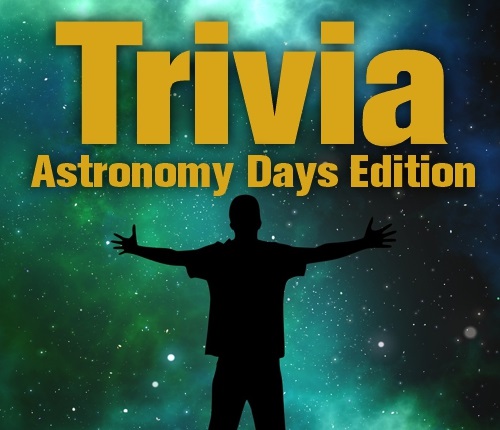 Text says: Trivia Astronomy Days Edition and image is a person in front of a beautiful Hubble image