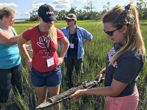 Carson Miller, UNC graduate student in the Rodriguez lab, demonstrates for teachers how to take soil cores in the salt marsh.