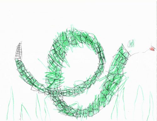 A crayon and pen drawing shows a rattlesnake making loops with its body. The red tongue stands out among the green grass and the green snake. The head and rattle stand up tall.
