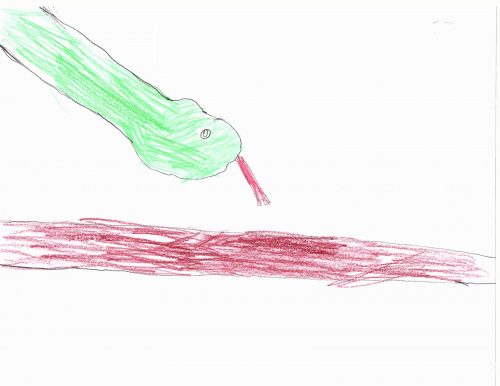A teal snake drawn in crayon with a bright red tongue pokes their head around looking for a bed. There is a red blanket that looks promising.