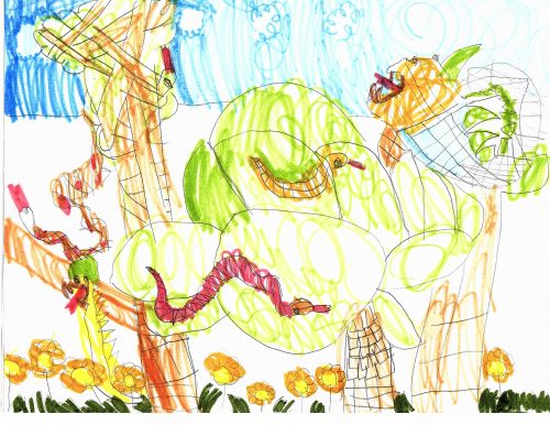 A bright and chaotic forest full of snakes and flowers done with markers. Bright red, yellow, and orange snakes slither through the green foliage and brown trunks of the trees. Many orange and yellow flowers are on the forest floor with a bright blue sky behind.