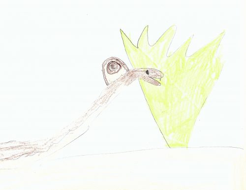A crayon drawing of a brown king cobra. There is a large yellow crown in the background and the snake turns its head to the side showing a pale hood with a brown circular marking on the inside.