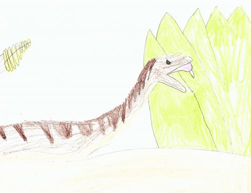 A crayon drawing of a snake entering the screen from the left. The snake has a dark brown back with triangular bands extending down its sides. The belly is pale yellow. The mouth is open against a background of yellow leaves. The rattle of the snake is yellow and is visible on the left poking from out of frame.