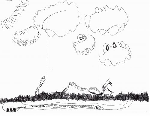 This image appears to be drawn with black ink. It depicts a sun in the left corner of the white page and clouds filling the sky. There is a layer of short grass a few inches from the bottom of the page. A rattlesnake with mouth open and fangs protruding laying on top of the grass. This snake is facing toward the right of the image. There is a tunnel depicted beneath the grass layer that stretches across most of the frame. In the tunnel a rattlesnake is stretched out facing toward the left of the image, where there appears to be a den with 3 black eggs. A small rattlesnake is crawling from the far right egg.