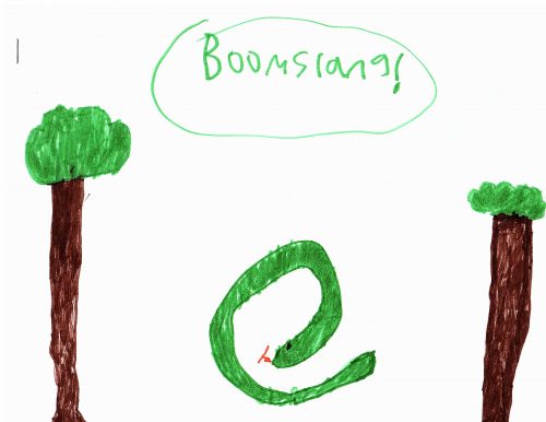 Child´s drawing of a green snake rolling next to a tree. Painted with color markers