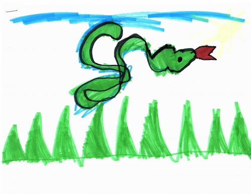 Child's marker drawing of a green snake with a squiggled body in the middle of the page. It is sticking out it's wide red tongue. There is a light blue sky above the snake and a tree line of triangular-shaped trees below the snake. A pale yellow sun is in the sky.