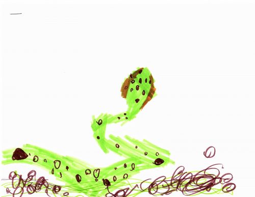This is a child's marker drawing. A light neon green snake with small brown spots is sitting on a ground of brown swirls and green lines. The snake has its head pointed toward the top of the sky and has brown stripes on either side of its head.