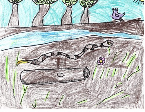 A baby copperhead next to a log and s river with trees and a bird at the back. Painted with Crayons