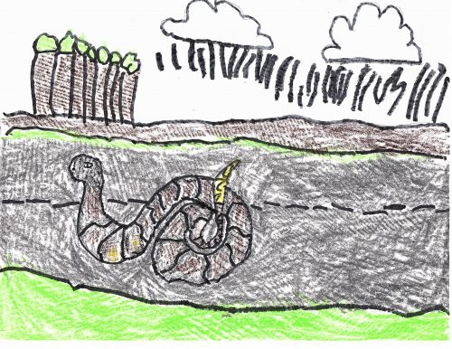 A copperhead snake on a road with trees and clouds at the back. Painted with crayons