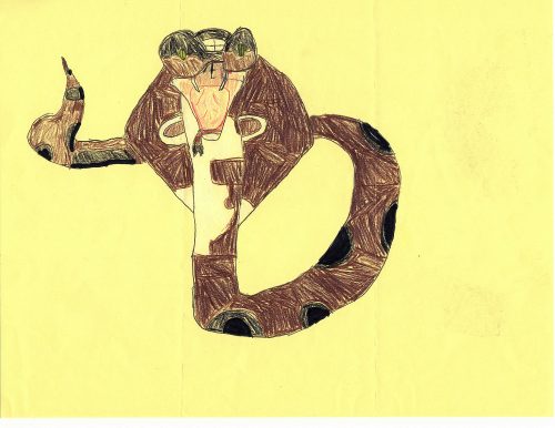 A brown cobra snake with the mouth open over a yellow background. Painted with color pencils