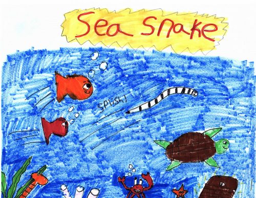 Very vibrant sea scene with orange fish, red crabs and a black an white snake. Over the sea there is a long yellow rectangle with the "sea snake" title in red. Painted with markers