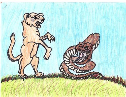A snake on a green field fighting with a brown lion. Painted with color pencils