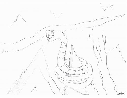 A pencil drawing of a snake coiled around the very tip of a rocky outcropping. A waterfall comes down from a river in the background and the snake raises its head and shows its fangs.