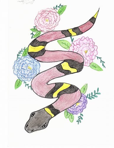 A vibrantly colored viper in colored pencil winds its way through pink, blue and purple flowers. The flowers have concentric rings of petals and a yellow center. Bright green leaves and smaller dark green vines fill the background. The snake has a wide black head and is banded with large bands of red alternating with bright yellow stripes with black bands separating the yellow from the red. The tail ends in a bright yellow point.