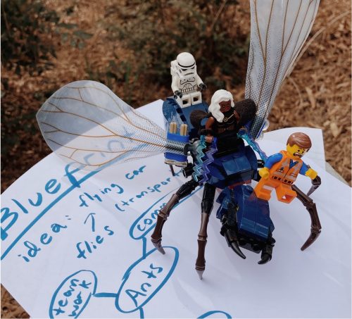 LEGO figures riding a LEGO fly