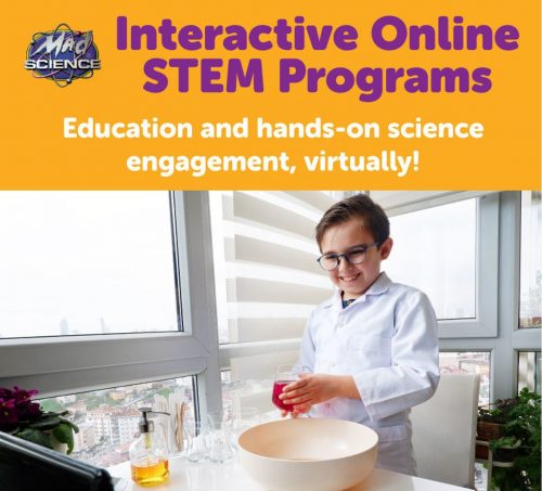 Interactive Online STEM Programs: Education and hands-on science engagement, virtually! Photo of a child in a white lab coat doing an experiment