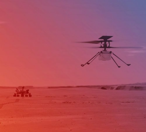 The Ingenuity helicopter above the surface of Mars with Perseverance in the distance