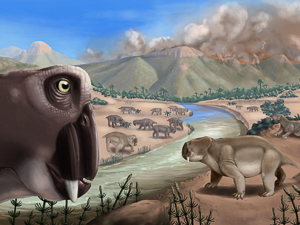 Illustration of the Karoo Basin during the mass extinction at the end of the Permian, some 252 million years ago. The protomammal ‘disaster taxon’ Lystrosaurus shown in the foreground. Illustration: Gina Viglietti.