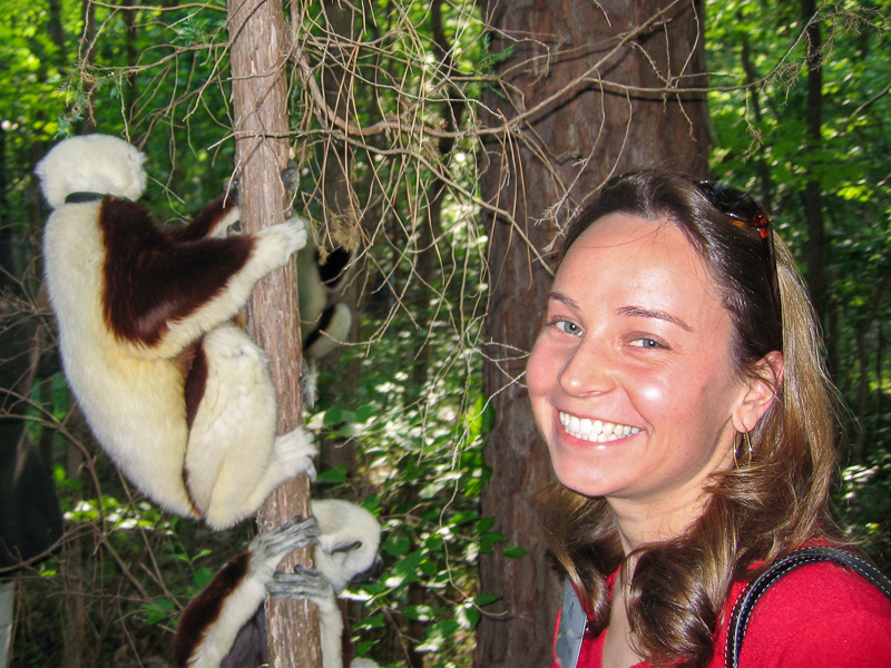 Julie with Coquerel’s Sifakas at the Duke Lemur Center.