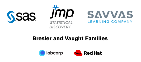 SAS logo, JMP statistical discovery logo, SAVVAS Learning Company logo, Bresler and Vaught Families, Labcorp logo, Red Hat logo.