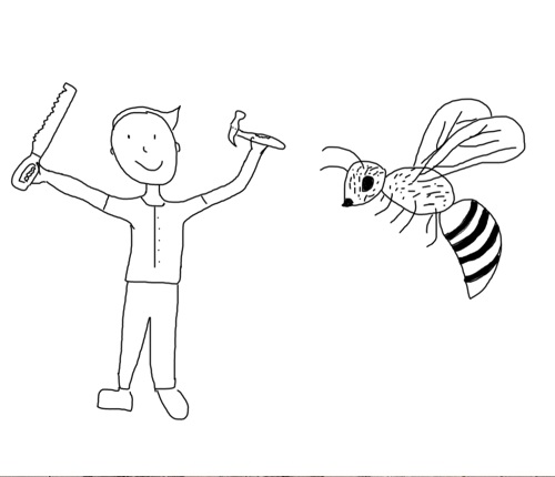 A line drawing a man with tools and a bee