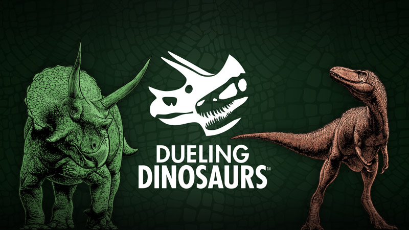 Dueling Dinosaurs logo: Triceratops on left, T. rex on right.