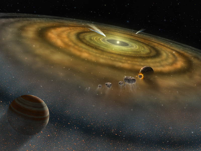 Artistic rendering of a protoplanetary disk around a forming star, in combination with future planets and disk “leftovers”: the asteroids and comets.