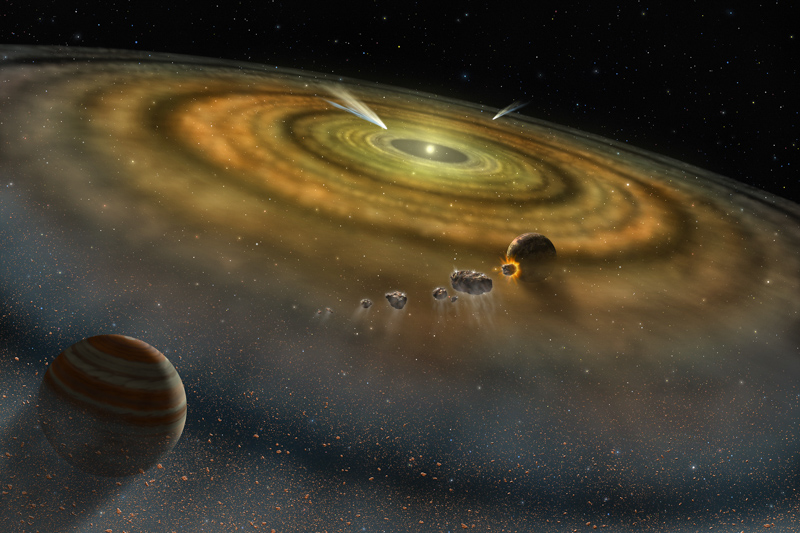 Artistic rendering of a protoplanetary disk around a forming star, in combination with future planets and disk “leftovers”: the asteroids and comets.