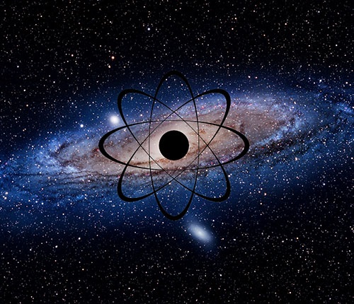 An image on an atom over a galaxy