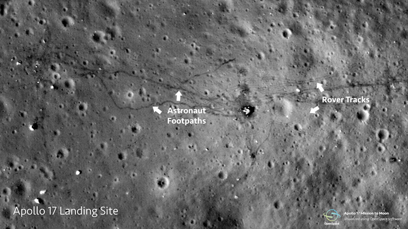 OpenSpace visualization of the Apollo 17 landing site with astronaut footpaths and rover tracks. Image: Rachel L. Smith.